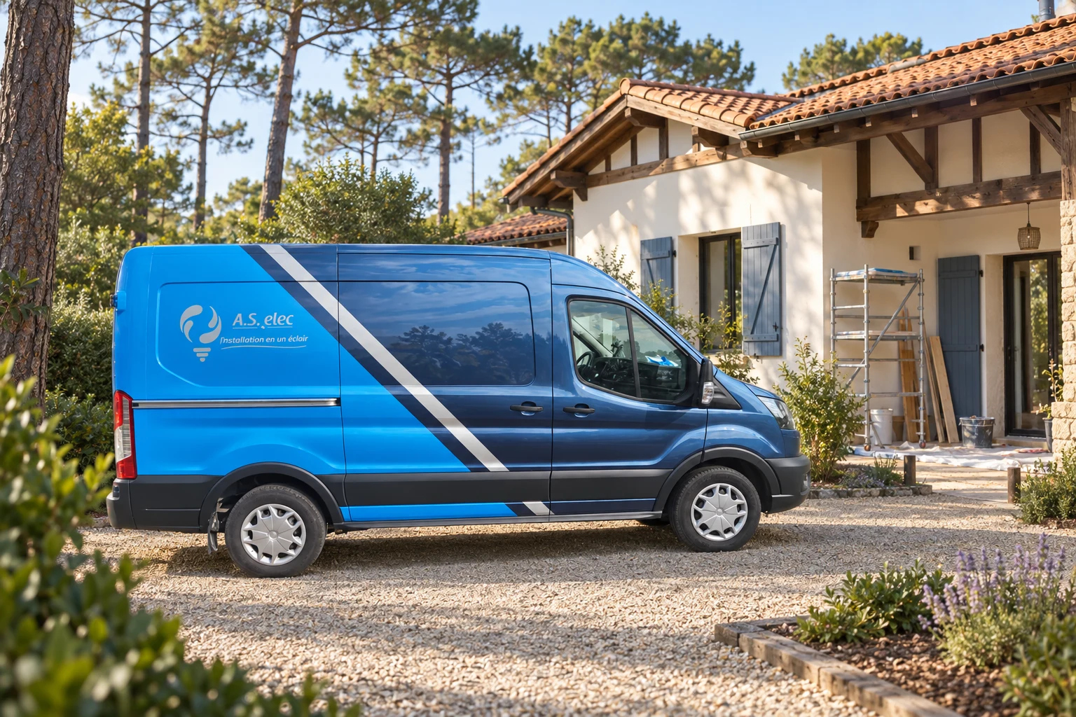 Camion AS ELEC devant une maison landaise en rénovation
