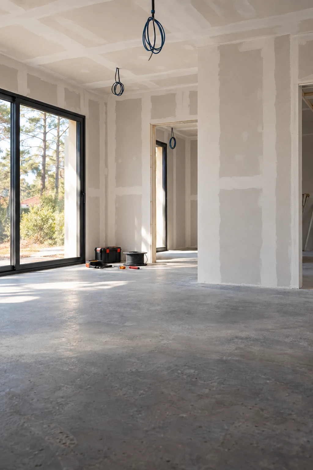Pièce de maison en chantier avec les installations électriques en cours