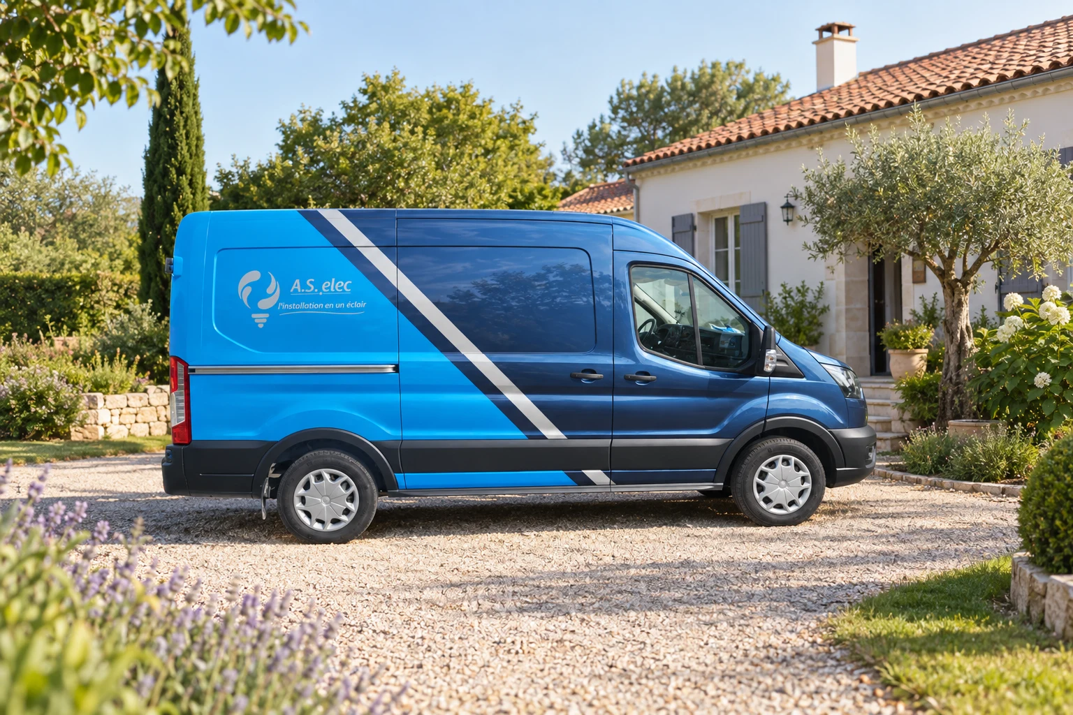 Camion AS ELEC devant une maison dans un quartier résidentiel
