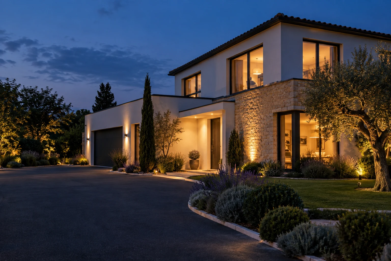 Maison contemporaine avec jardin et éclairage chaleureux au crépuscule