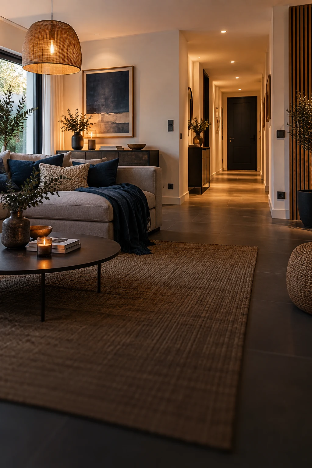 Intérieur contemporain avec éclairage soigné et matériaux naturels