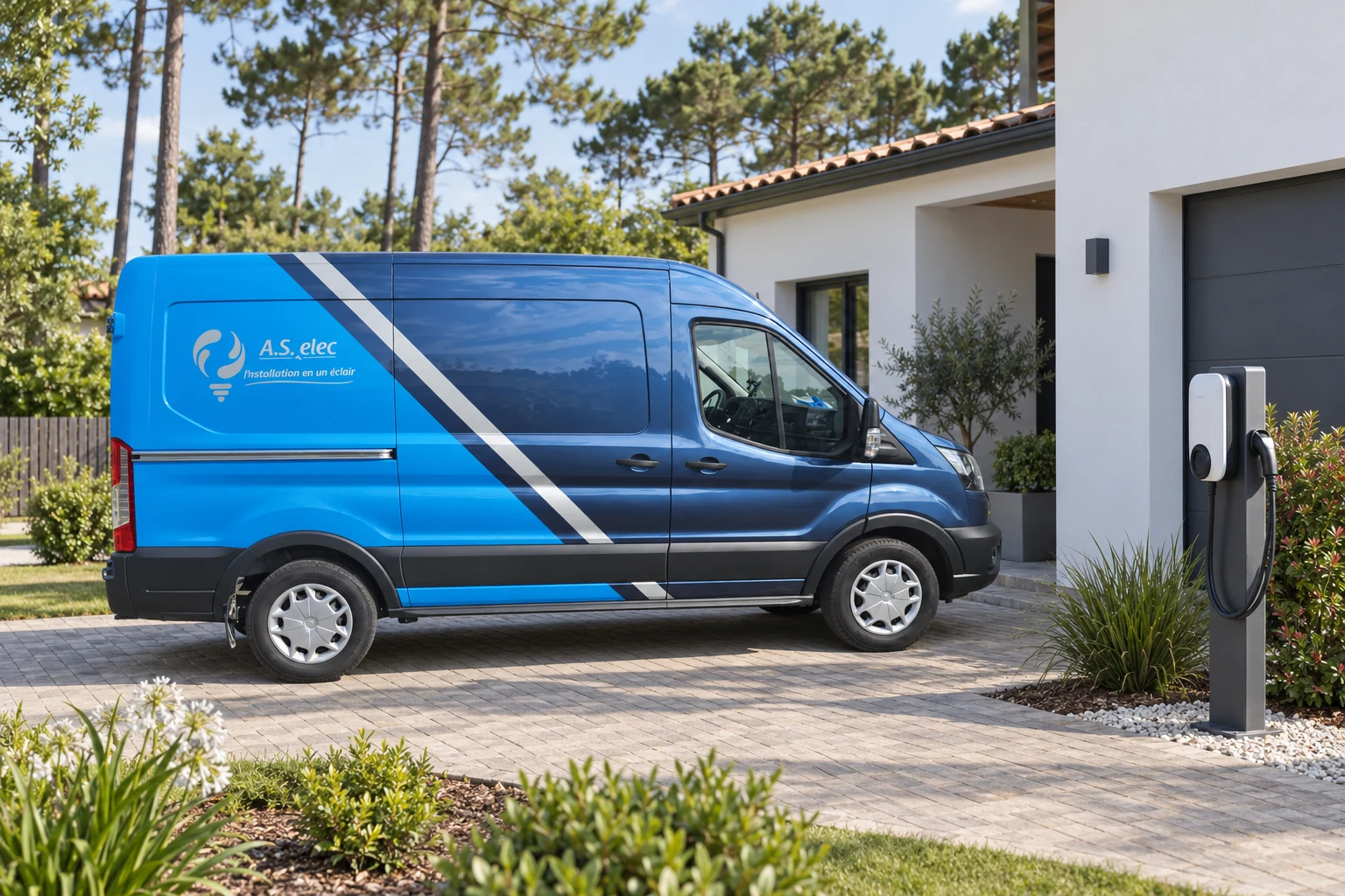 Camion AS ELEC et borne de recharge devant une maison individuelle