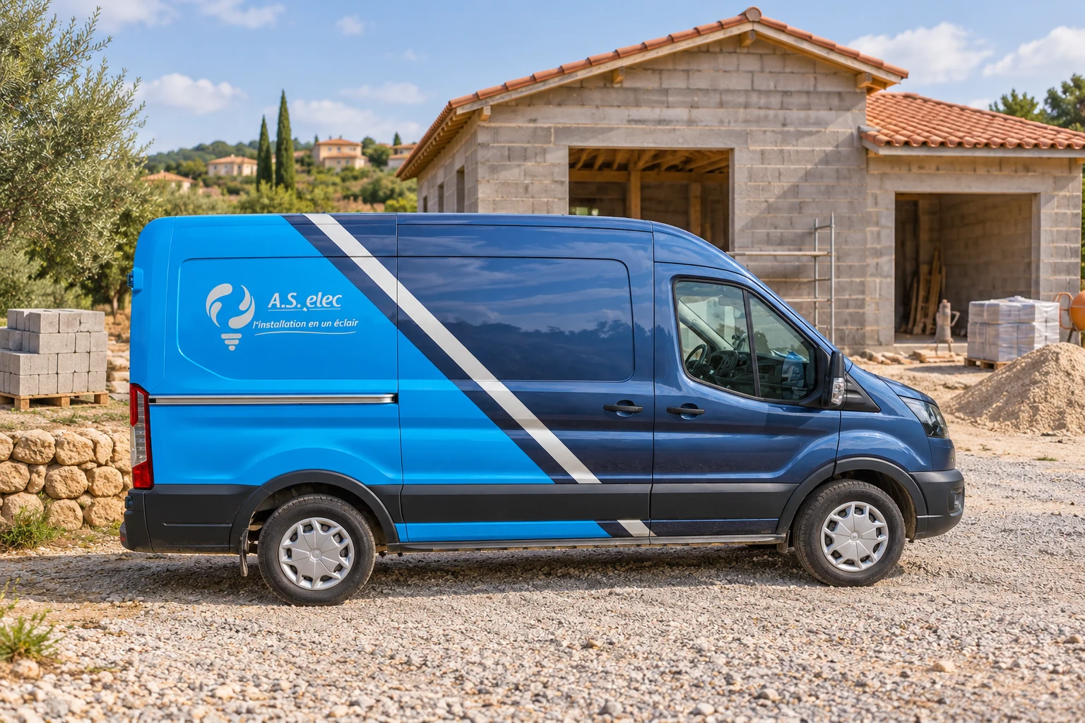 Le camion bleu AS ELEC devant une maison en construction