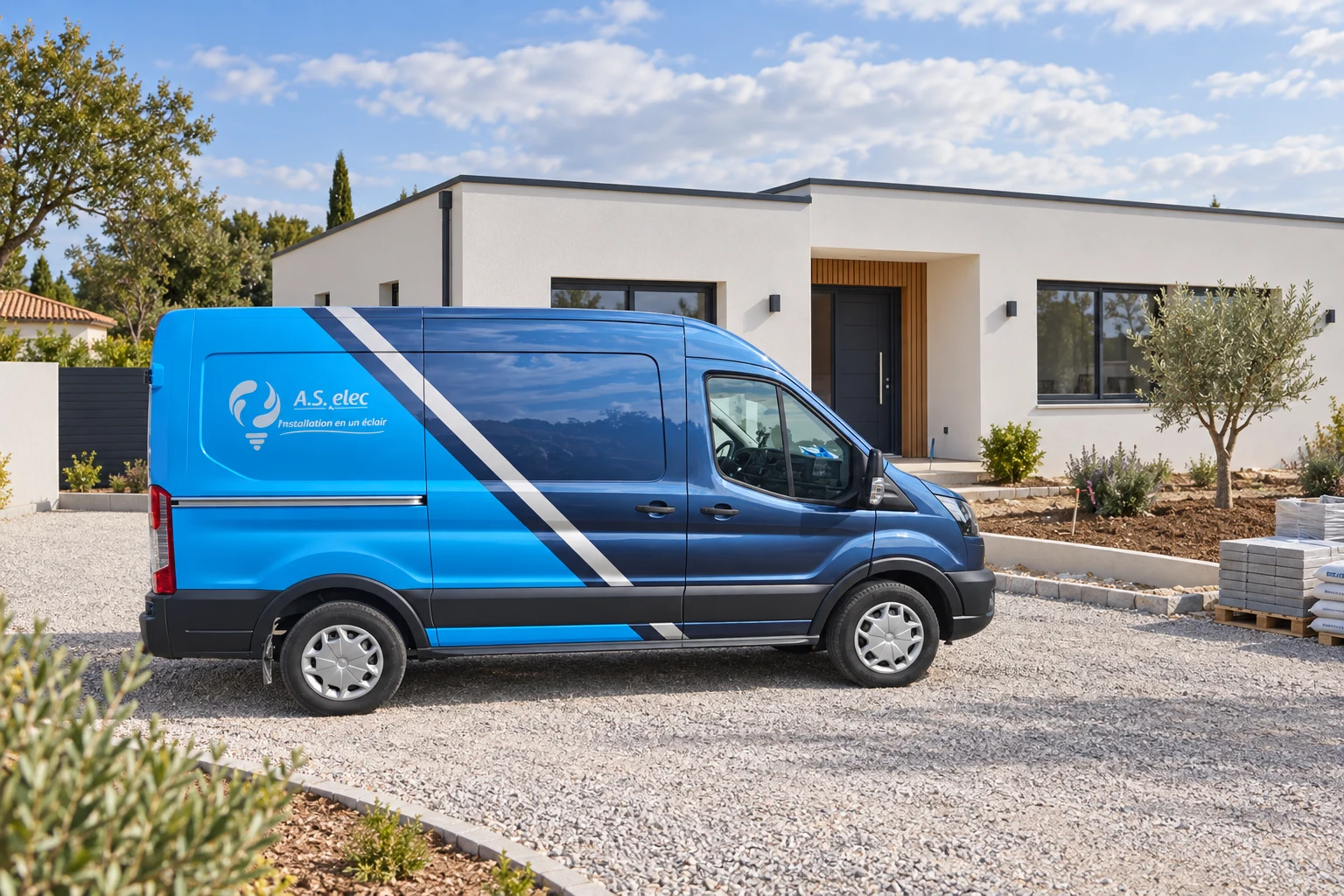 Camion AS ELEC devant une maison contemporaine en phase de finition