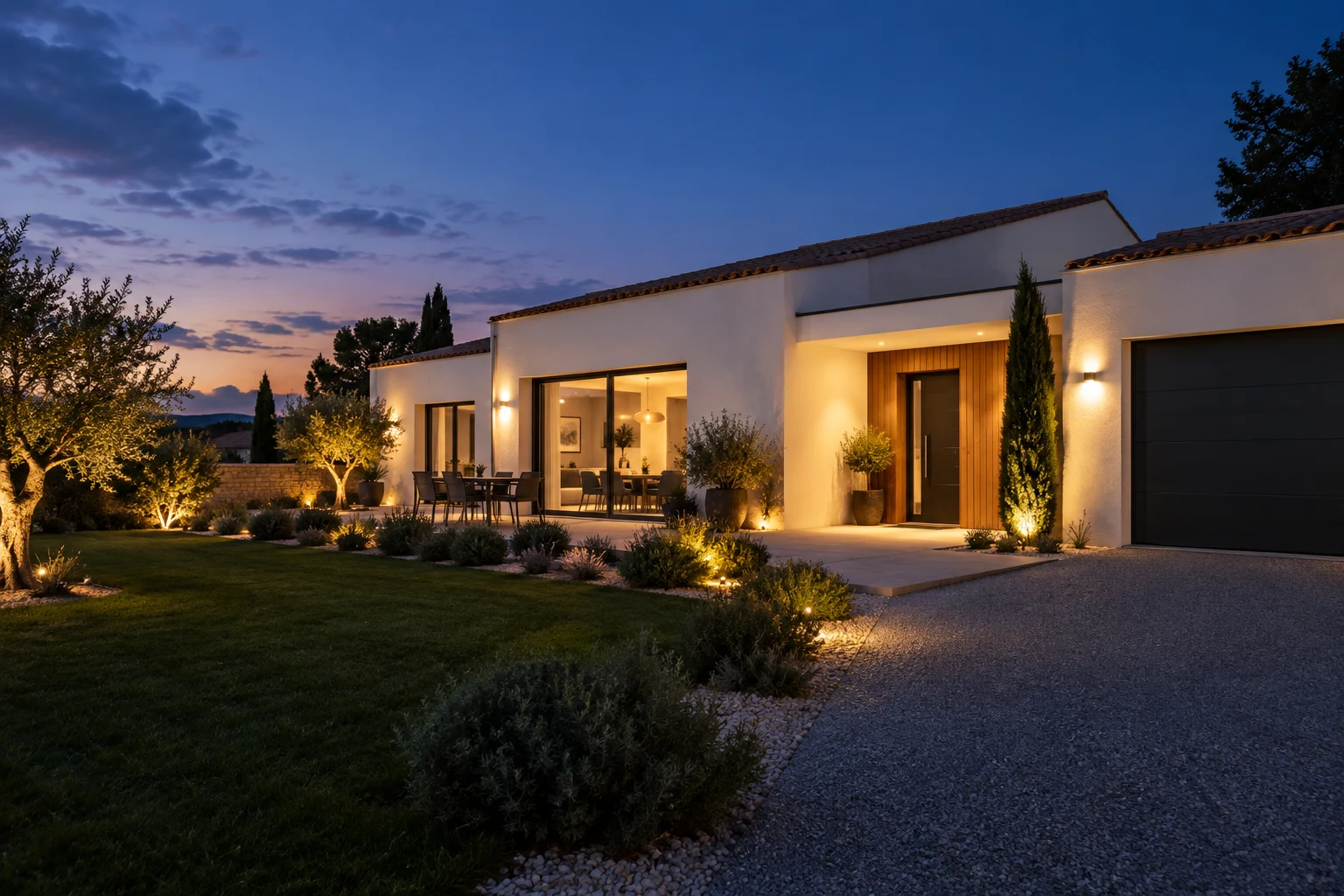 Maison neuve contemporaine de plain-pied avec un éclairage chaleureux au crépuscule