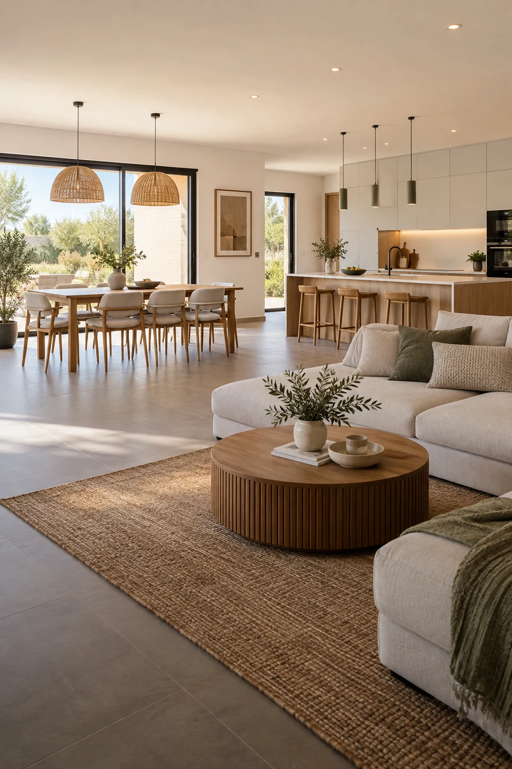 Intérieur de maison neuve avec cuisine ouverte et éclairage soigné