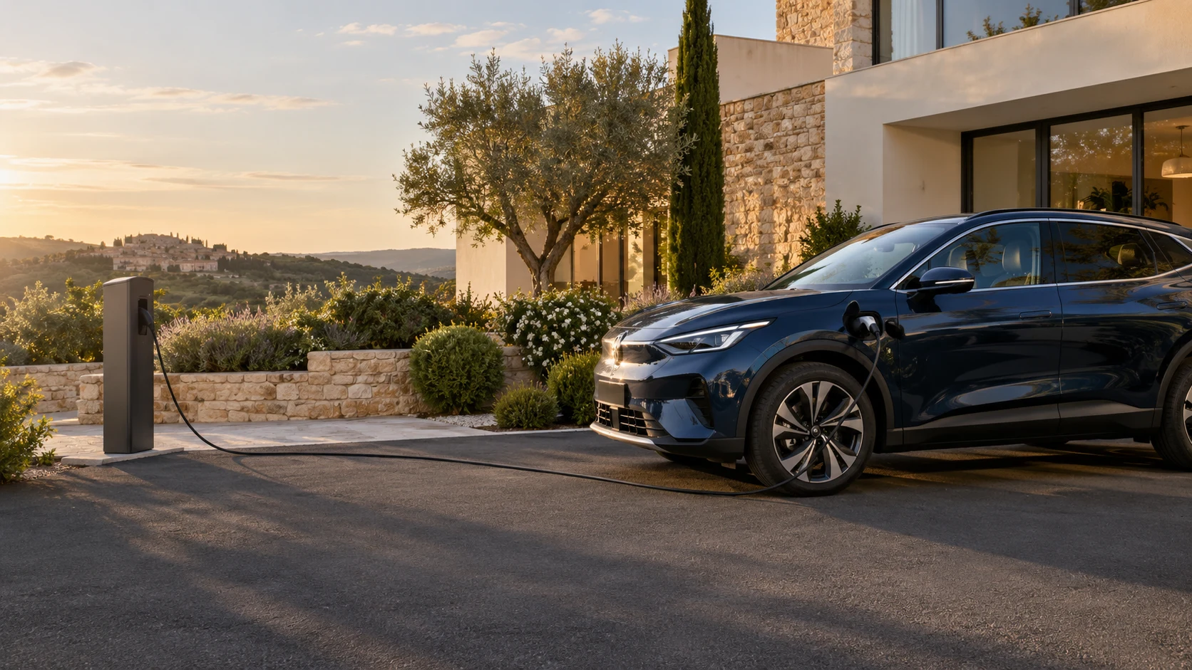Voiture électrique en recharge devant une maison