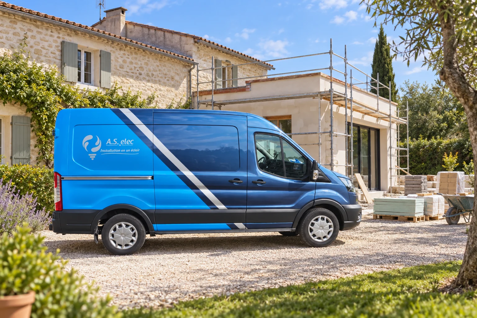 Camion AS ELEC devant une maison en cours d’agrandissement