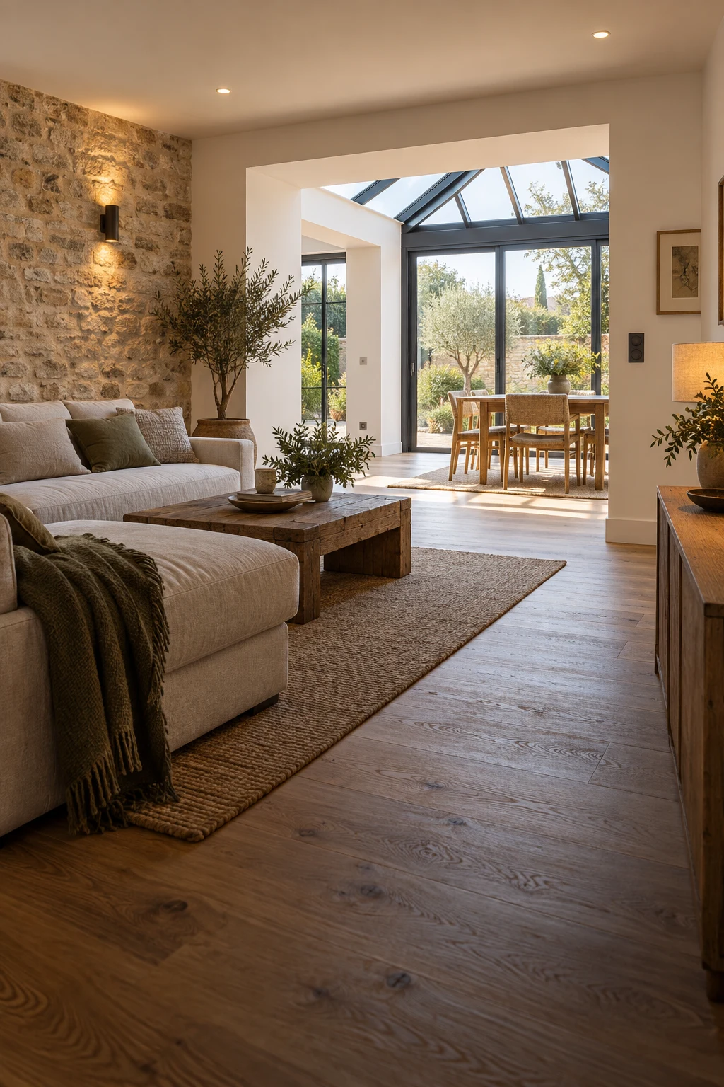 Intérieur rénové avec une extension lumineuse et un éclairage soigné